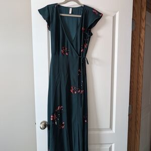 Gentle Fawn Deep Green Floral Wrap Maxi Dress with Side Tie